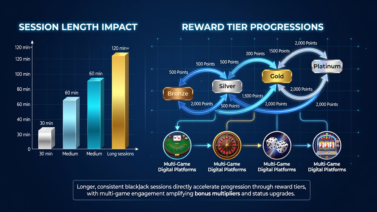 Player dashboard showing blackjack session history linked to tier progression charts across casino game categories