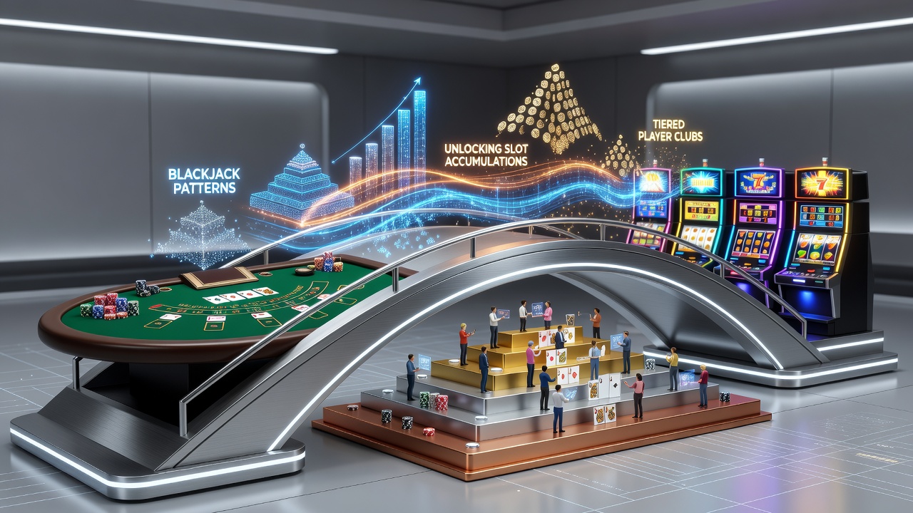 Casino loyalty card scanning at a blackjack table next to a slot machine display