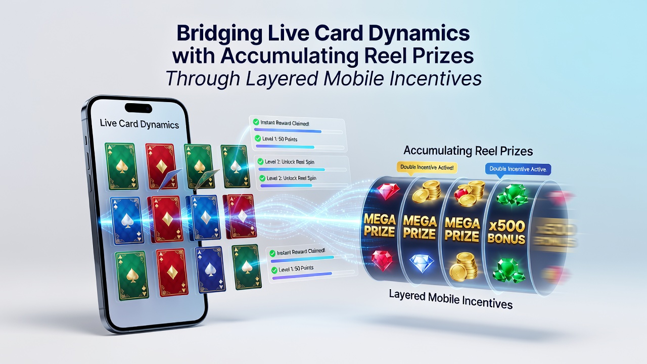Mobile screen showing layered incentive progress bars connecting card game results to reel prize meters