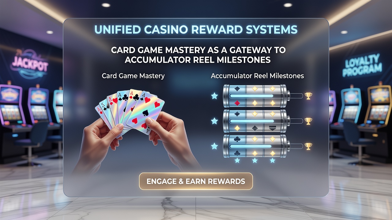 Diagram showing progression from card game tables through reward tiers to slot accumulator reel milestones