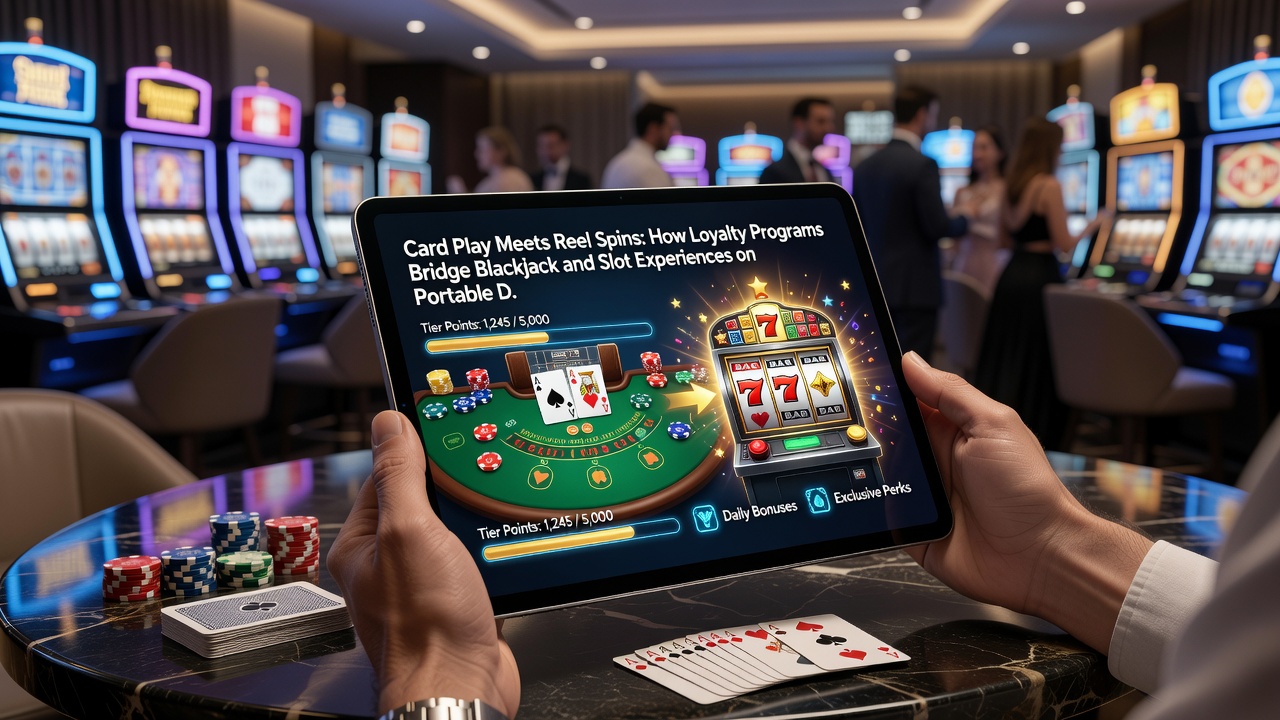 Close-up of loyalty dashboard on tablet displaying blackjack points converting to slot bonuses