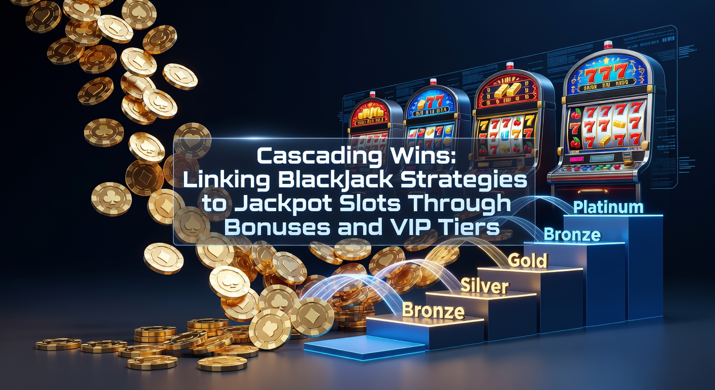 Vibrant screenshot of a jackpot slot screen with cascading symbols, blackjack table in split-view, and VIP tier progression bar highlighted
