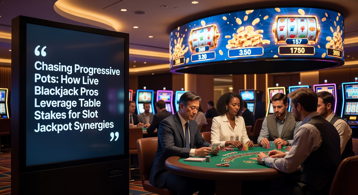 High-roller at live blackjack leveraging stakes toward a flashing progressive jackpot on adjacent slot screen, charts showing synergy growth
