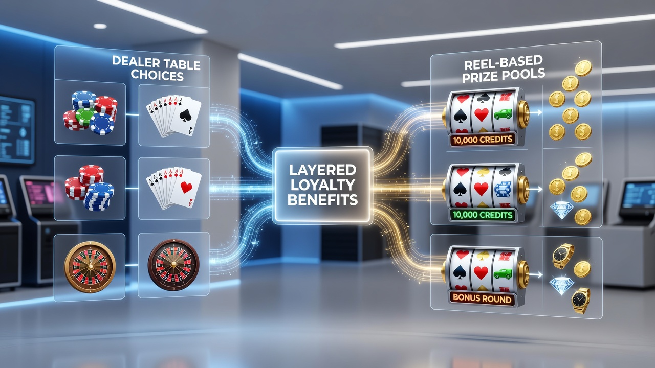 Diagram showing loyalty tier progression connecting blackjack tables to slot jackpot pools
