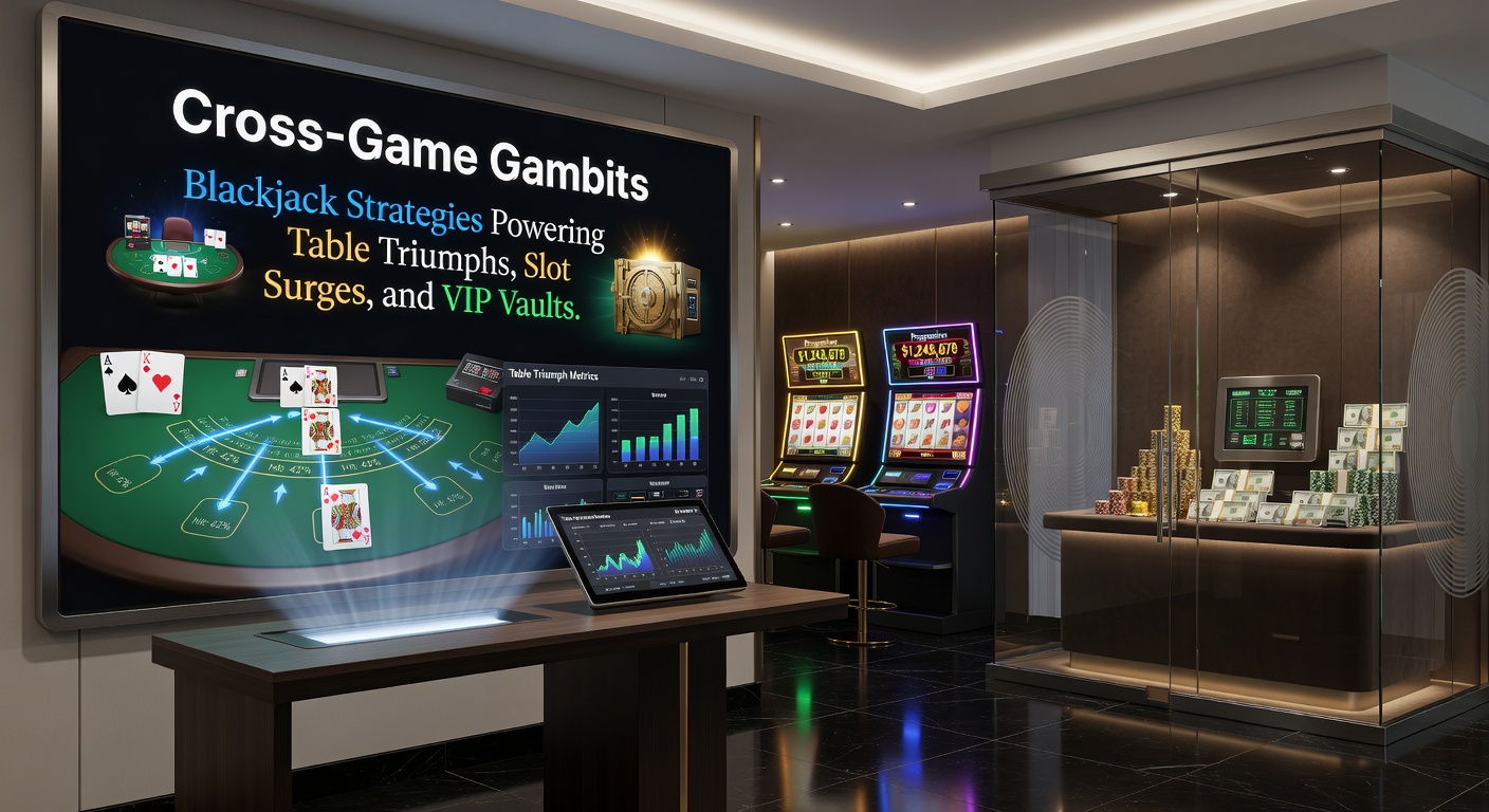 Close-up of VIP lounge access panel beside slot progressive display and blackjack shoe, symbolizing elite cross-game rewards