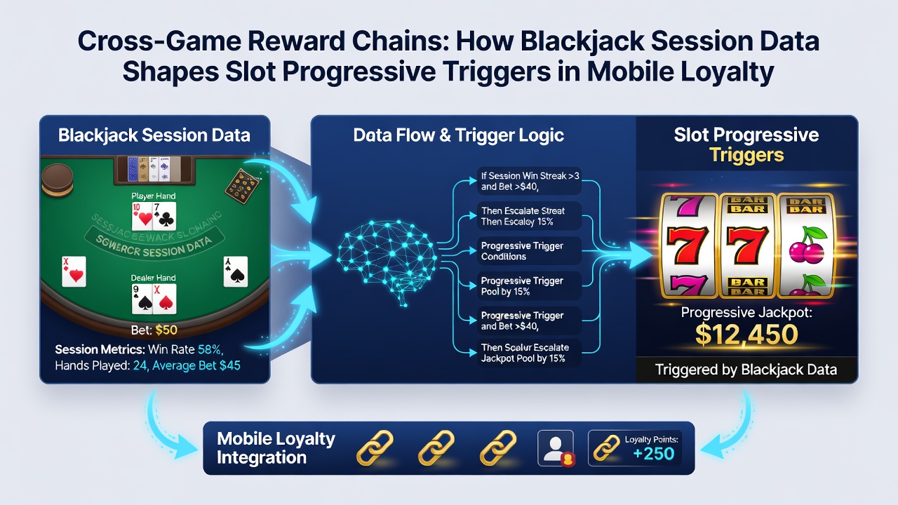 Dashboard displaying cross-game data flows between blackjack and slot progressive triggers