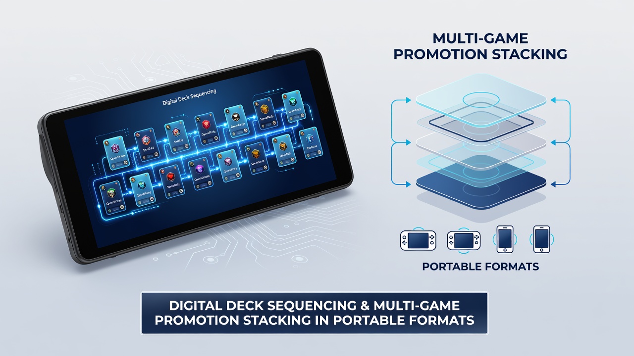 Mobile device displaying stacked promotions across multiple card game titles with sequencing data overlays