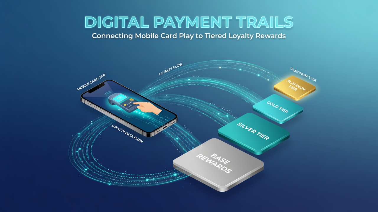 Analytics dashboard illustrating payment trails flowing into tiered loyalty reward structures with progress bars and data points