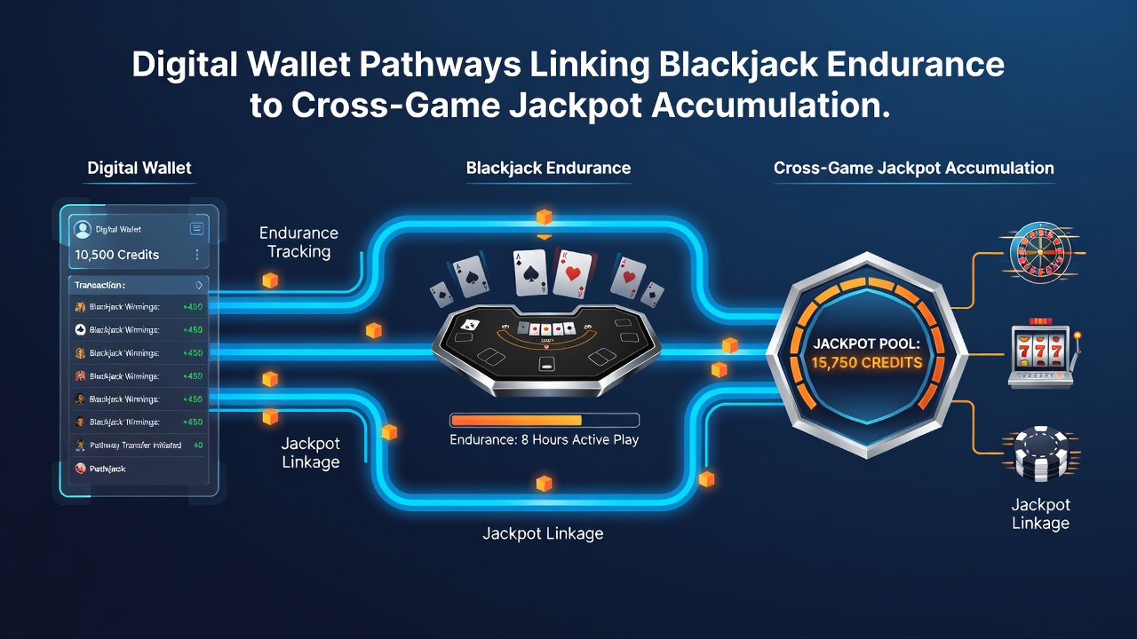 Flow diagram illustrating digital wallet transfers from blackjack play to multi-game jackpot pools