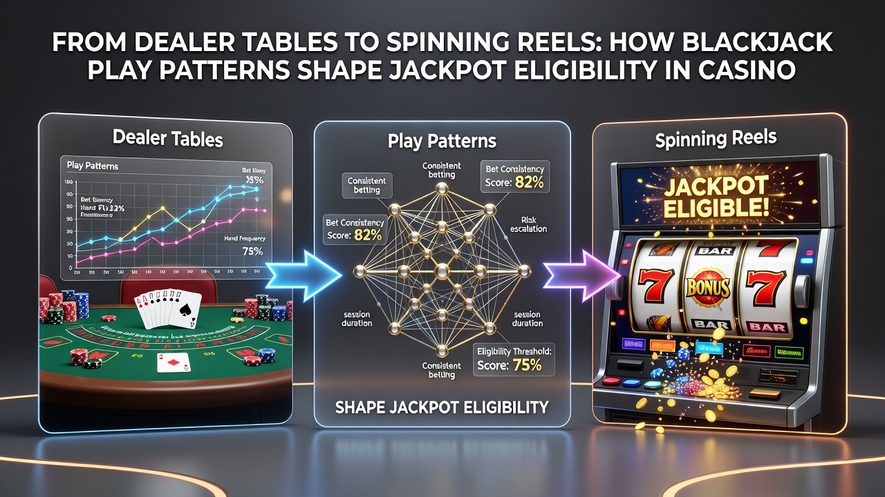 Casino reward scheme interface showing blackjack activity feeding into slot jackpot eligibility tiers