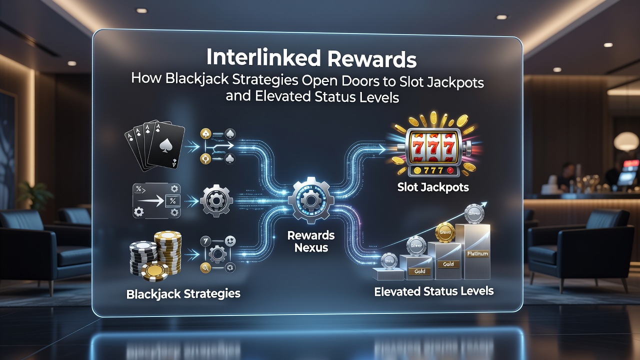 Casino floor view showing interconnected blackjack and slot areas with loyalty card integration