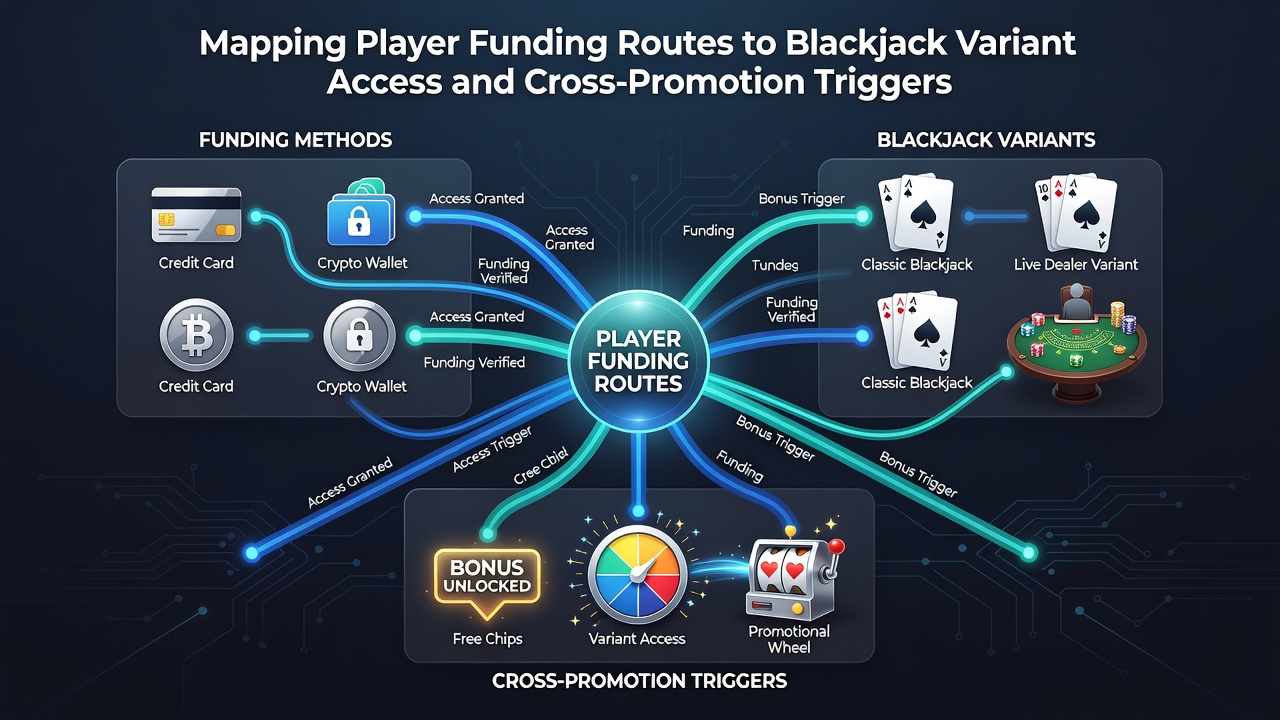 Infographic mapping funding routes to blackjack access points and promotional crossovers in July 2026