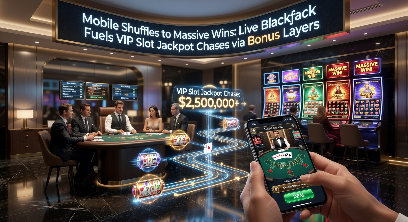 VIP player on tablet accessing layered bonus menu, showing blackjack points converting to slot jackpot tickets with progressive meter rising