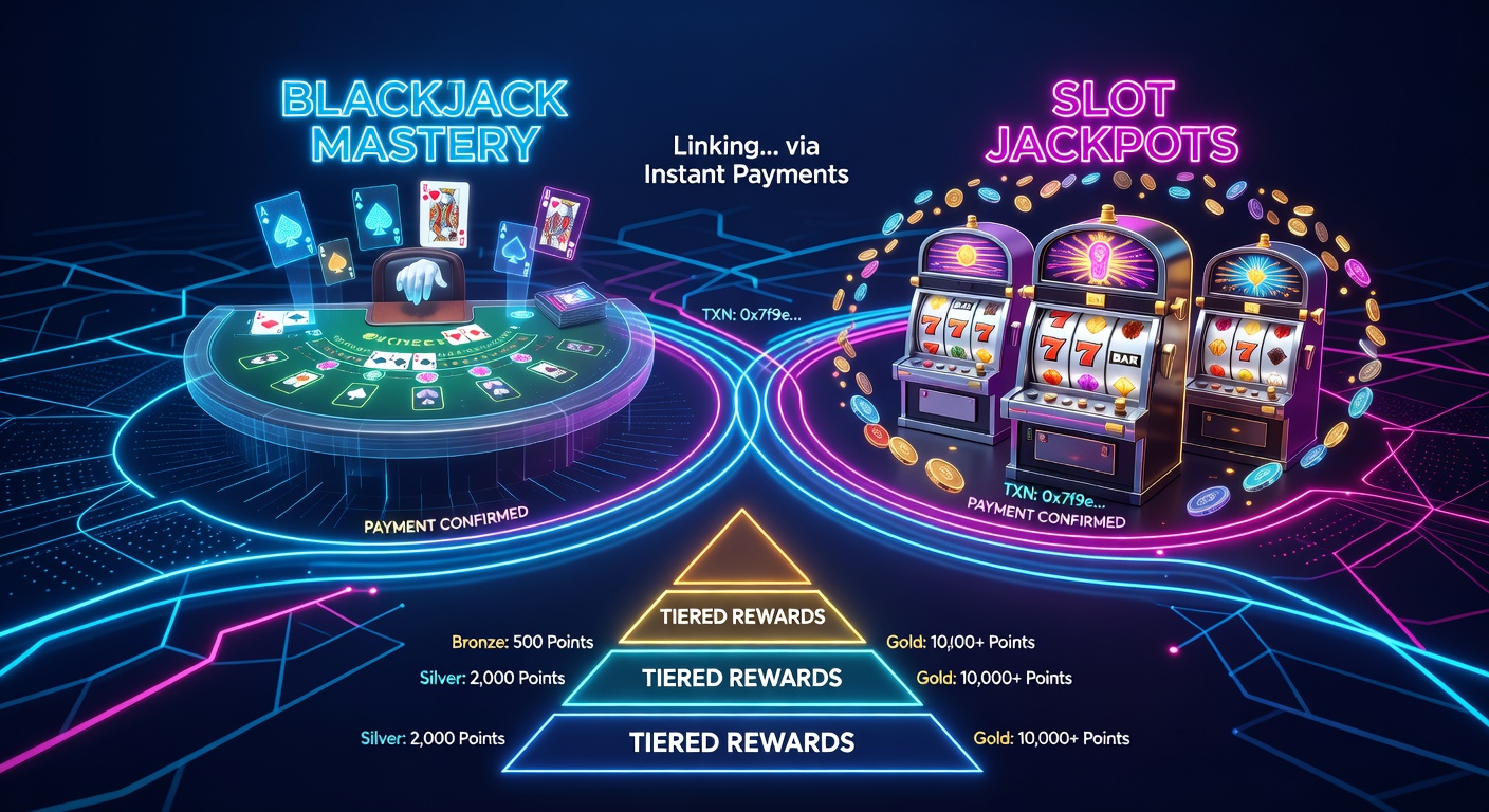 Digital payment gateway interface merging blackjack chips with slot reels under neon lights, highlighting instant fund transfers