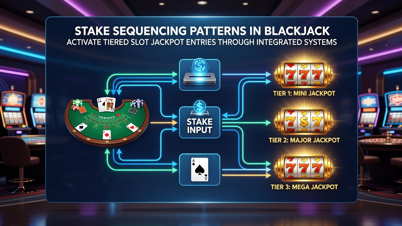Close-up view of digital interface displaying blackjack stake sequence tracking connected to progressive slot jackpot tiers