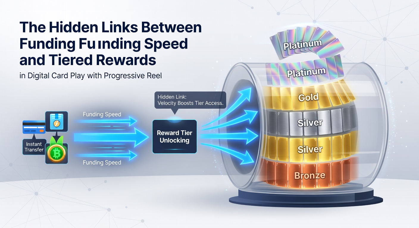 Diagram depicting tiered reward ladders connecting digital card tables to progressive reel meters with funding speed indicators