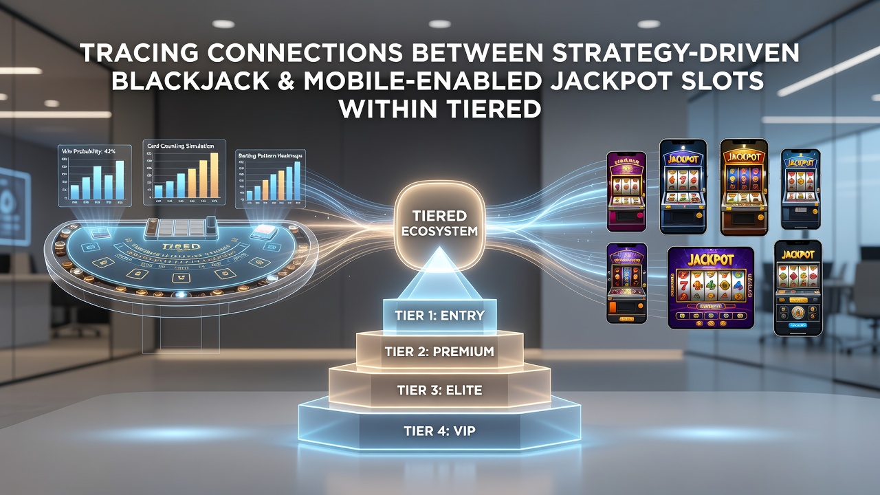 Mobile screen displaying jackpot slot with overlaid blackjack strategy card and tier progress bar