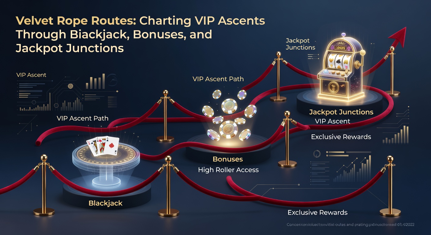 Digital graphic of a VIP ladder with blackjack chips, glowing bonus icons, and jackpot symbols climbing toward an elite crown