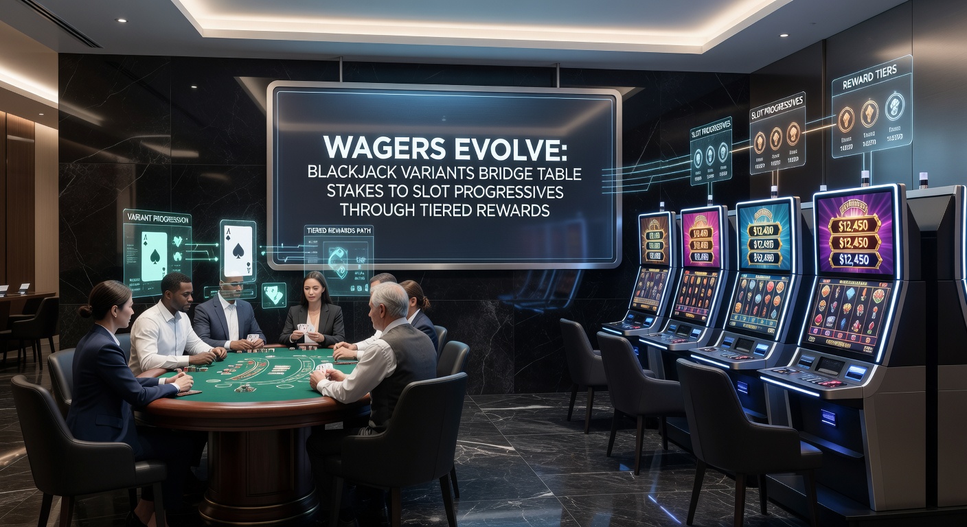 Illustration of tiered loyalty pyramid connecting blackjack chips to glowing slot progressive jackpots, with reward arrows flowing upward